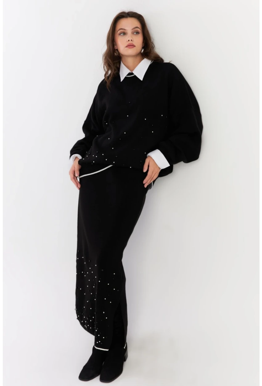 Kadın Siyah İncili Alt Üst Etek Takım YİL554