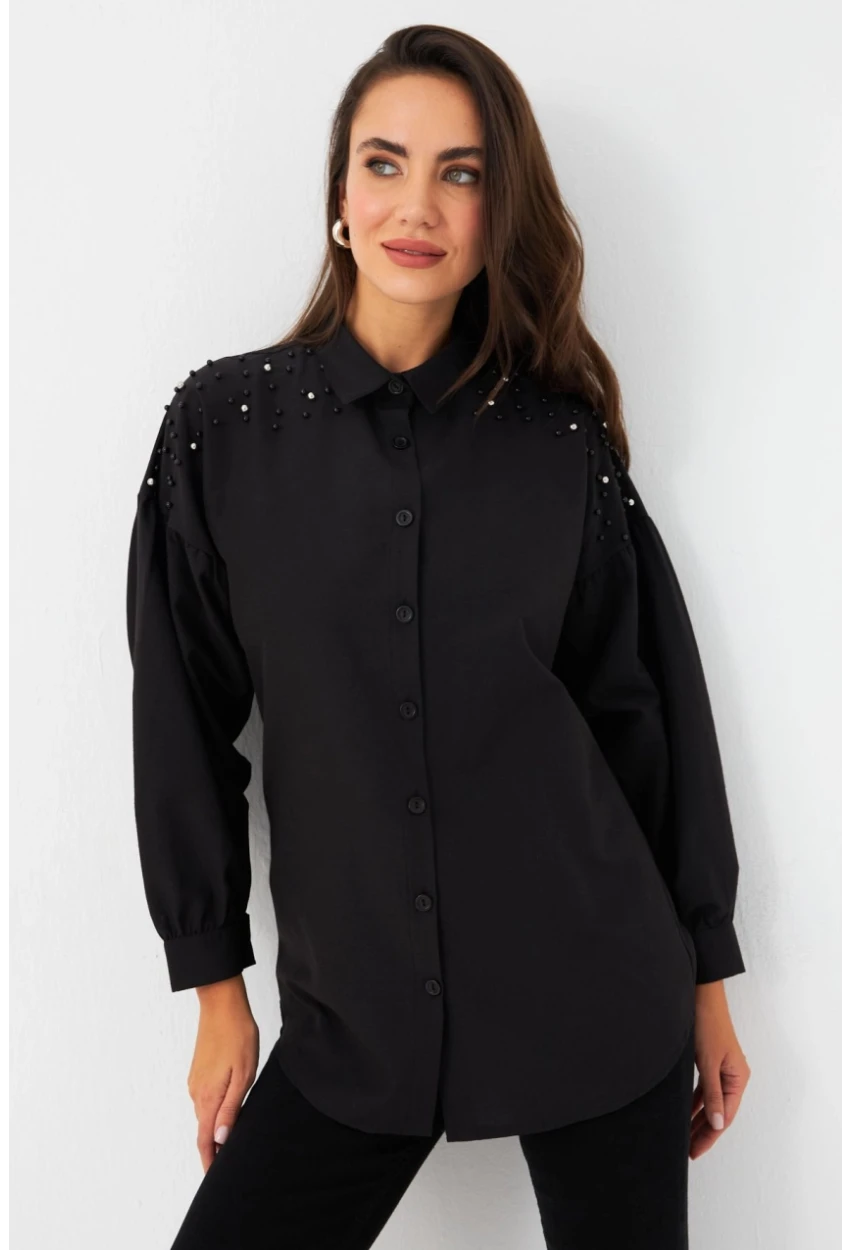 Kadın Siyah İncili Balon Kol Gömlek MASF16