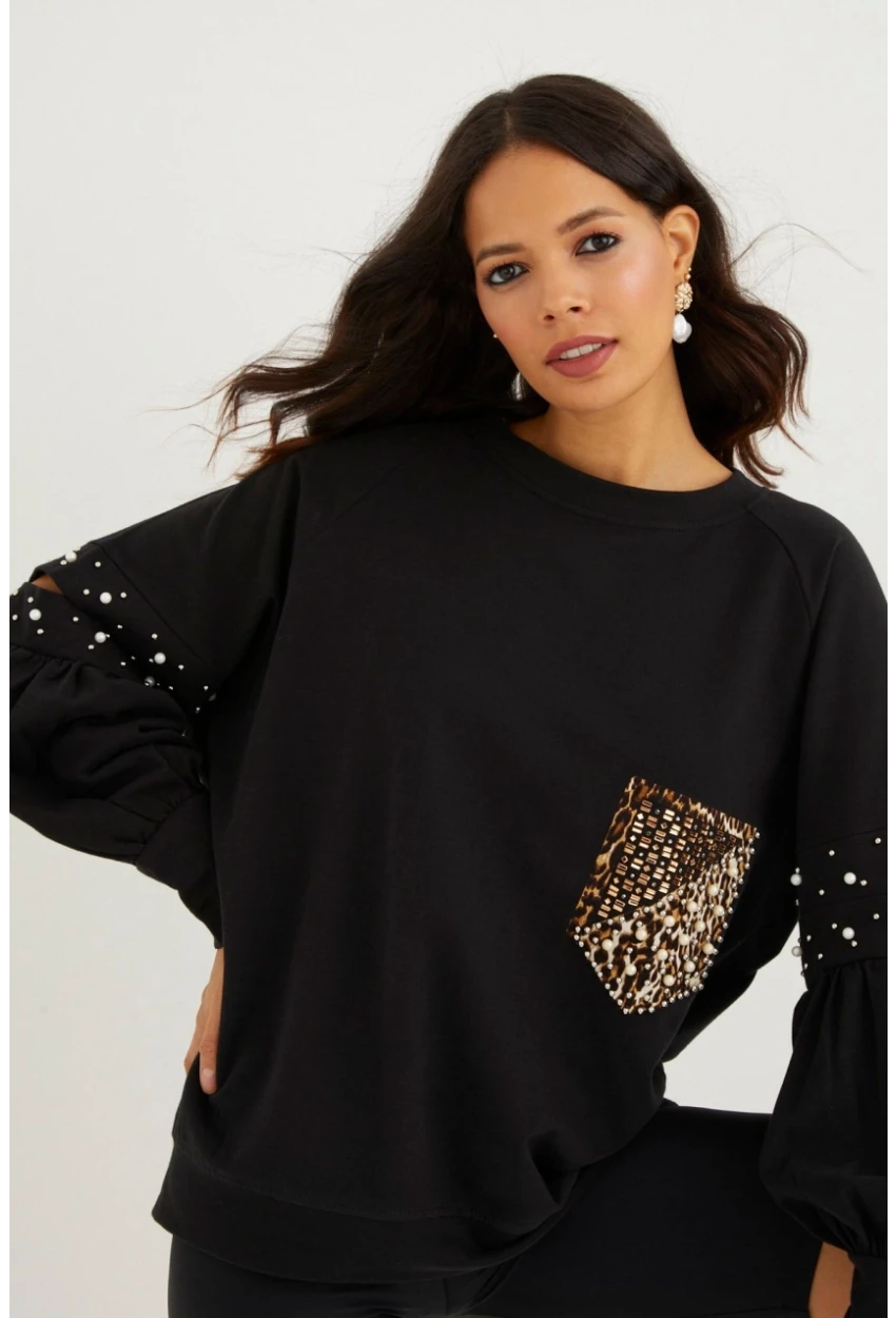 Kadın Siyah İncili Kol Detaylı Sweatshirt PKA400