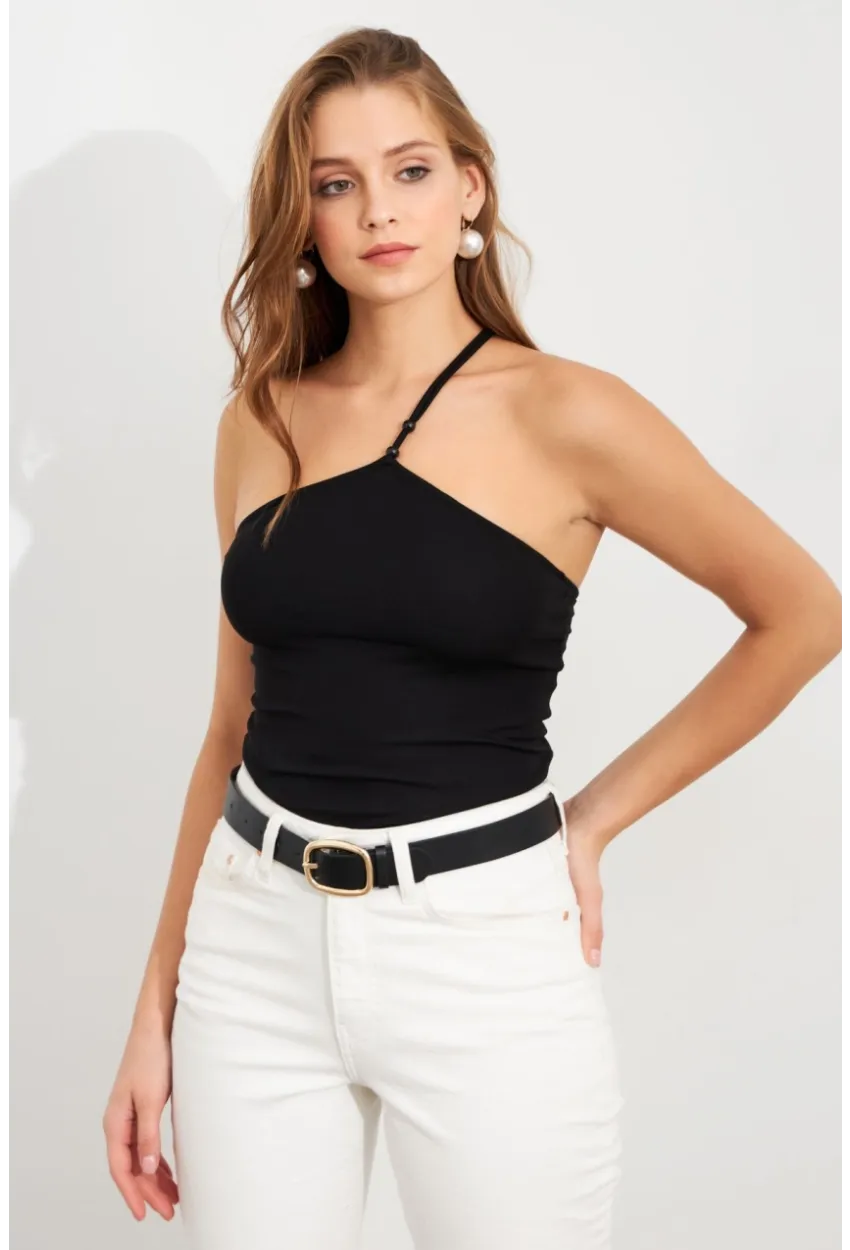 Kadın Siyah İp Askılı Çıtçıtlı Body ZH014