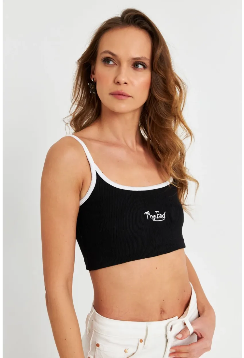 Kadın Siyah İp Askılı Crop Bluz ALB201