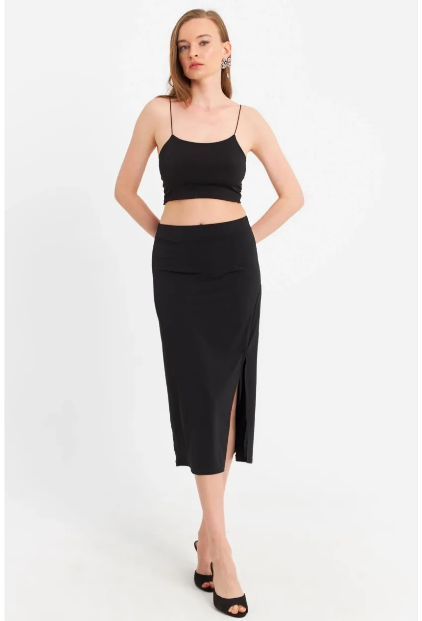 Kadın Siyah İp Askılı Crop Etek Takım MRS10004-1