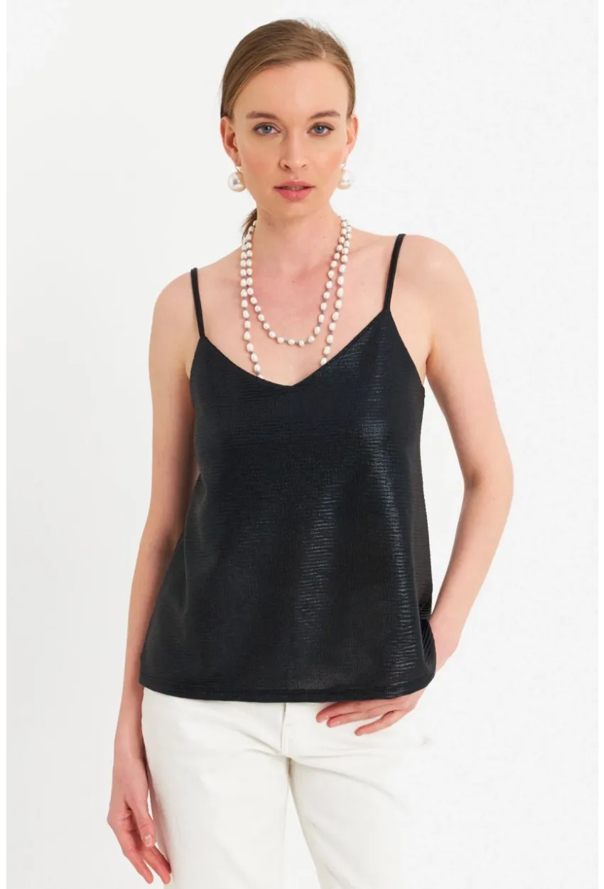Kadın Siyah İp Askılı Parlak Bluz RSP1094