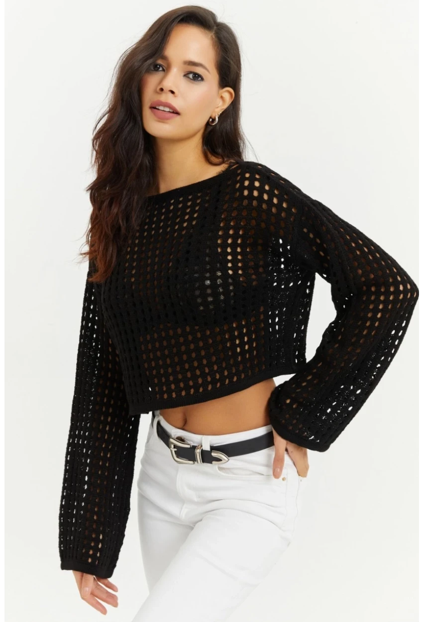 Kadın Siyah İspanyol Kol Ajurlu Triko Kısa Bluz SMT181