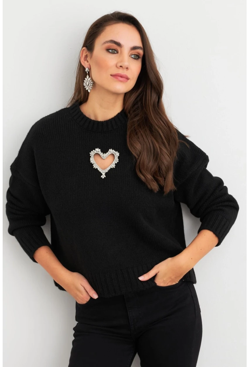 Kadın Siyah Kalp Pencereli Kazak TEM101
