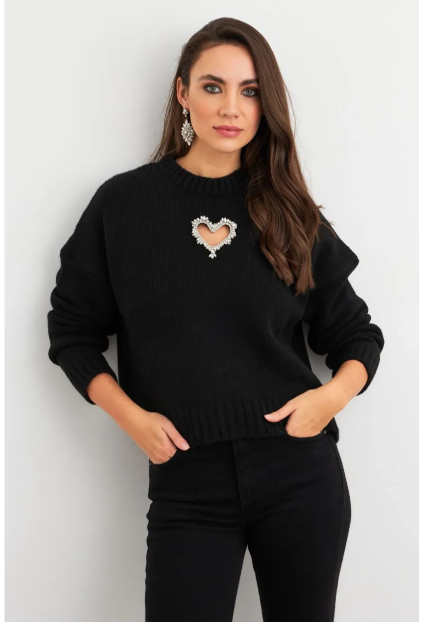 Kadın Siyah Kalp Pencereli Kazak TEM101
