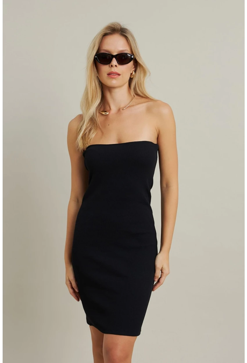 Kadın Siyah Kalp Yaka Kaşkorse Mini Elbise TF45