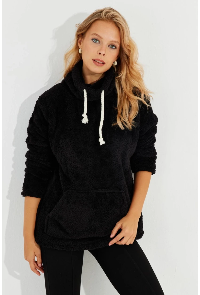 Kadın Siyah Kanguru Cep Peluş Sweatshirt Q978