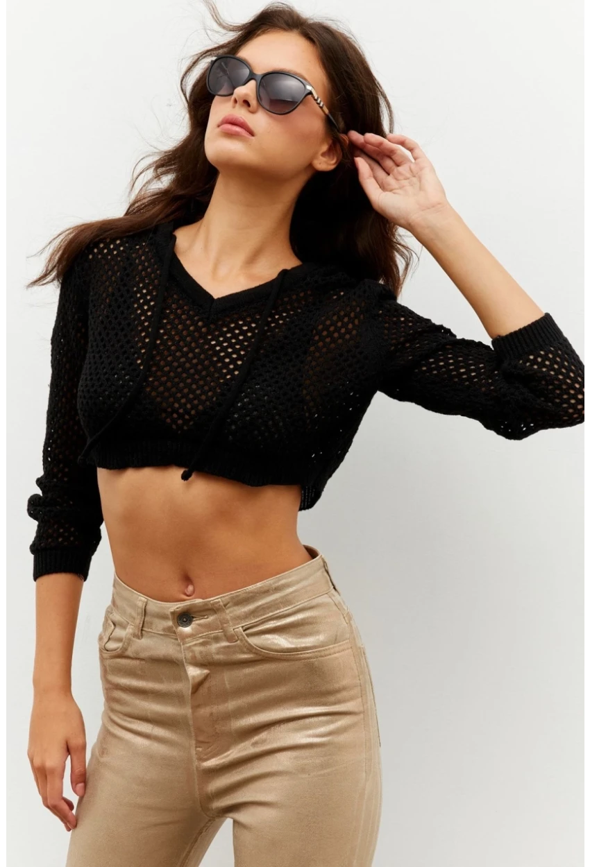 Kadın Siyah Kapüşonlu File Kısa Bluz YV153