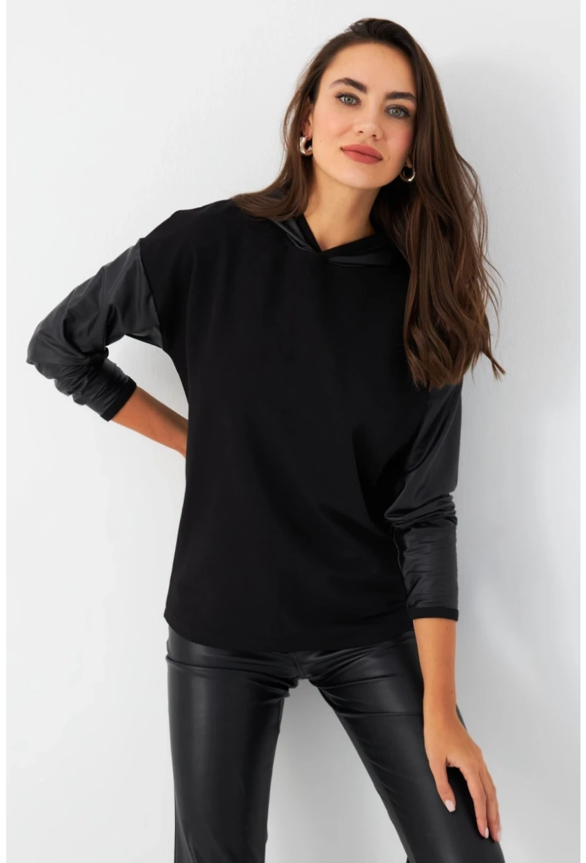 Kadın Siyah Kapüşonlu Sıvama Detaylı Sweatshirt MTF37