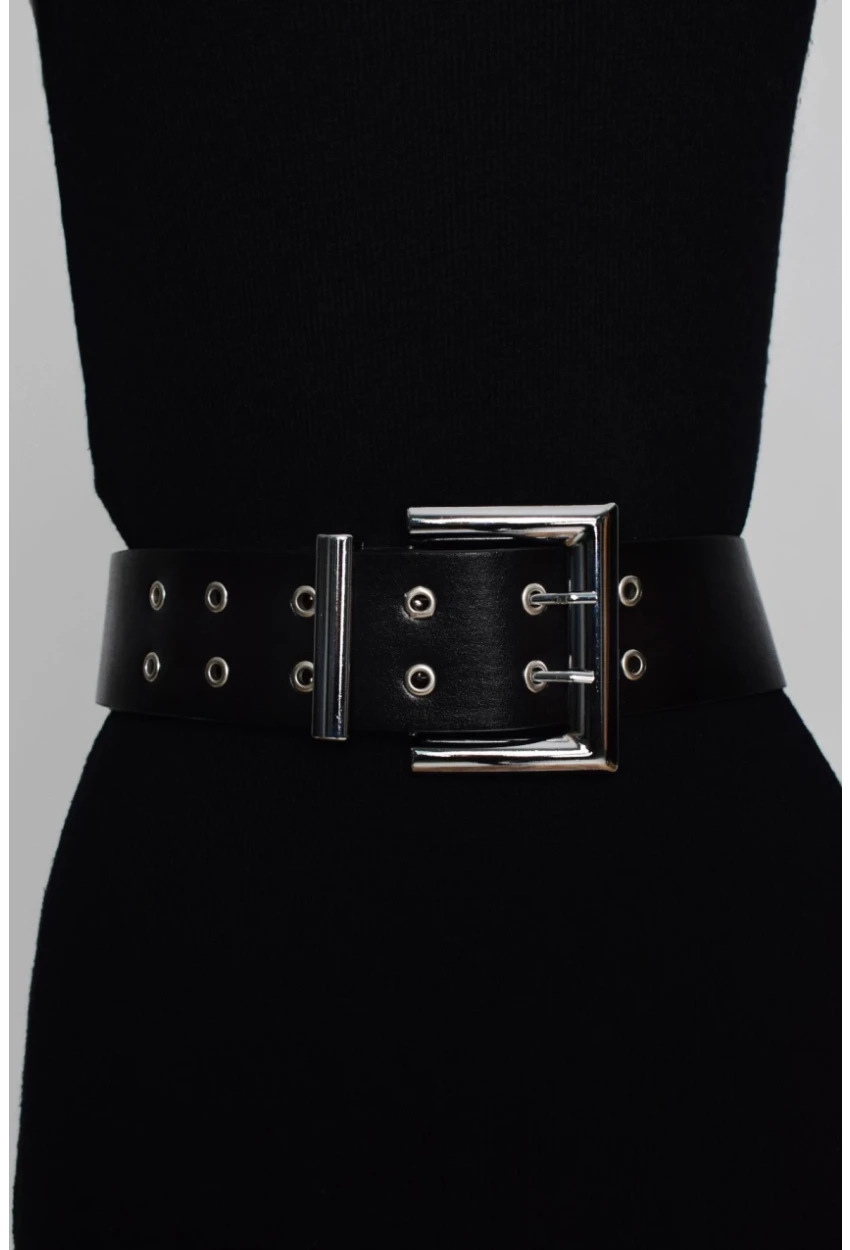 Kadın Siyah Kare Tokalı Kuş Gözlü Kemer BE311