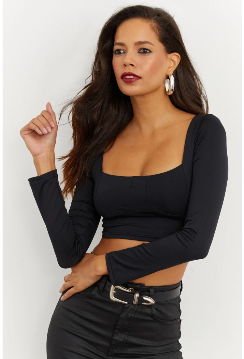 Kadın Siyah Kare Yaka Crop Bluz CG263