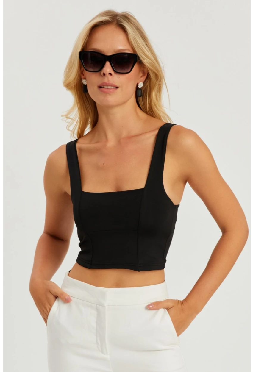 Kadın Siyah Kare Yaka Crop Bluz CG348