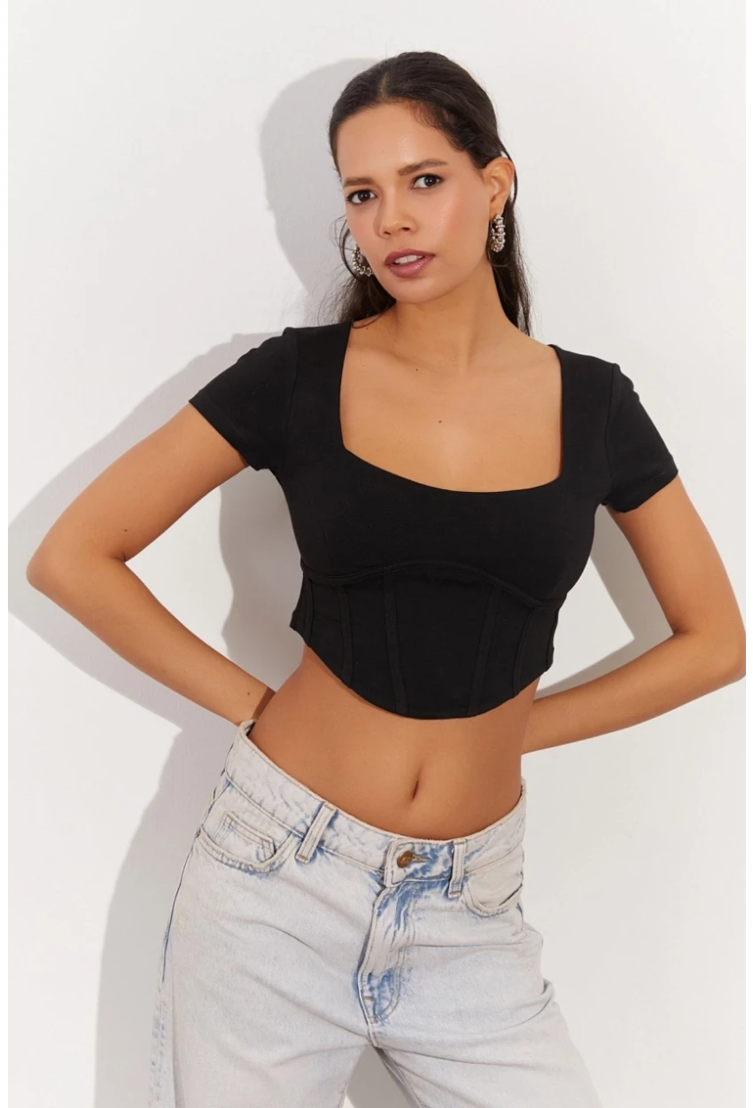 Kadın Siyah Kare Yaka Crop Bluz RX420