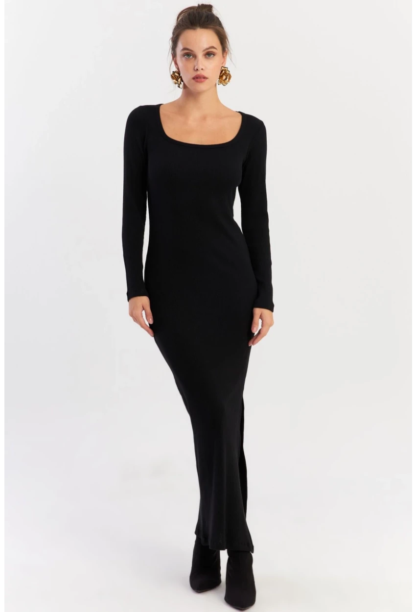 Kadın Siyah Kare Yaka Maxi Elbise XL2211