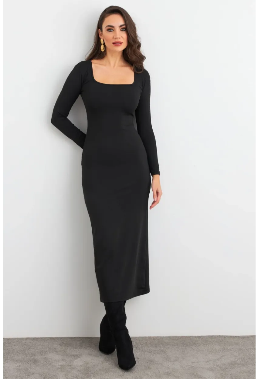 Kadın Siyah Kare Yaka Midi Elbise XC8102