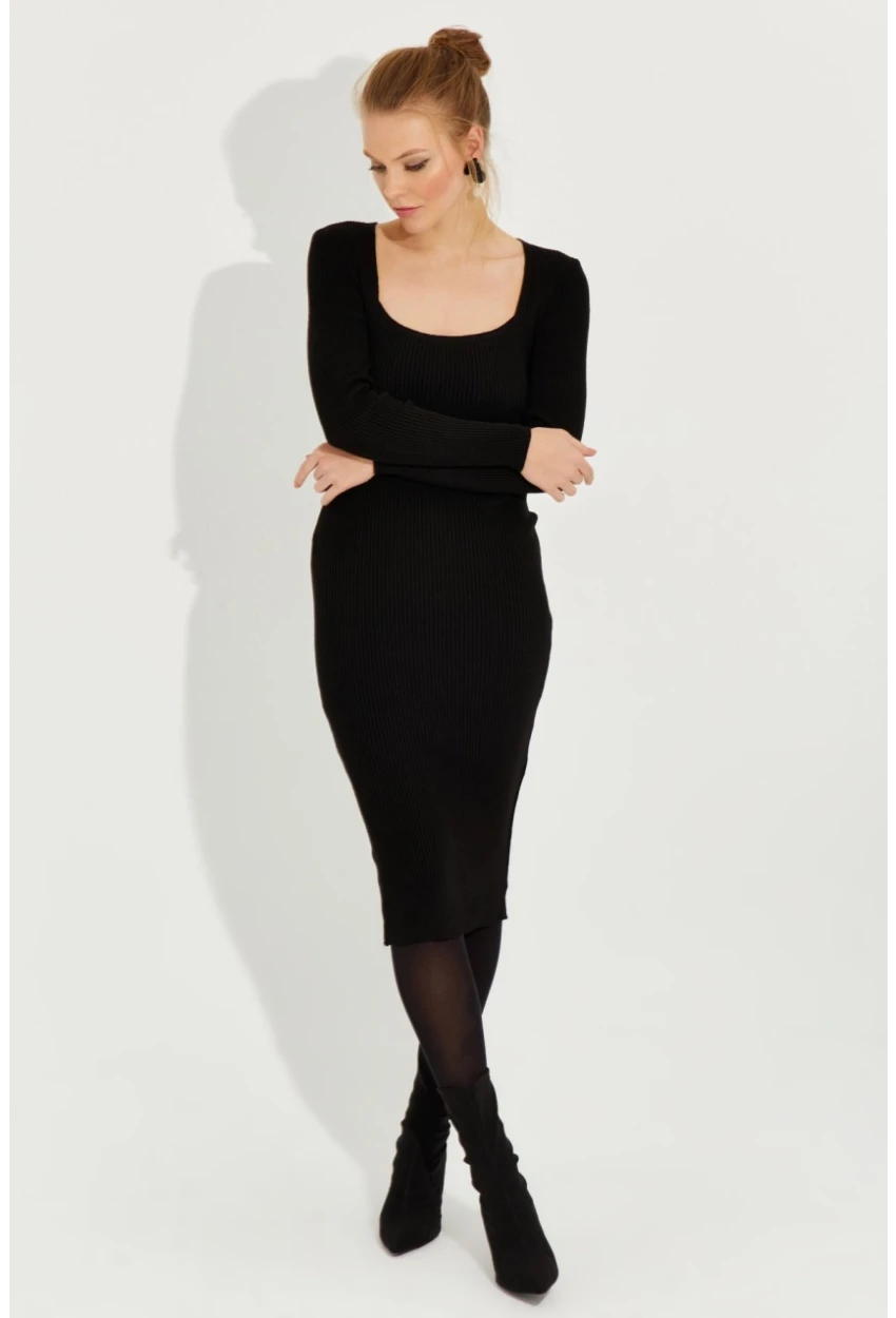 Kadın Siyah Kare Yaka Triko Midi Elbise SF2520