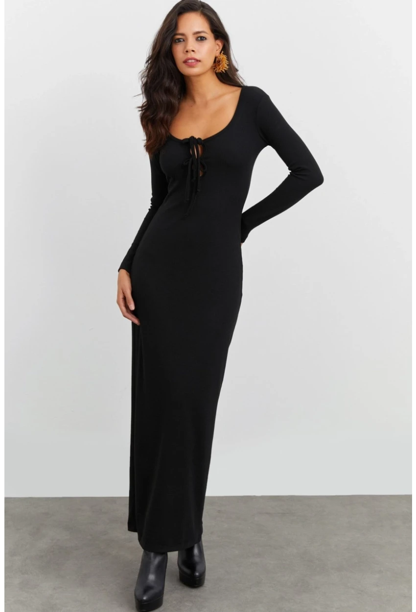 Kadın Siyah Kaşkorse Maxi Elbise EY1513