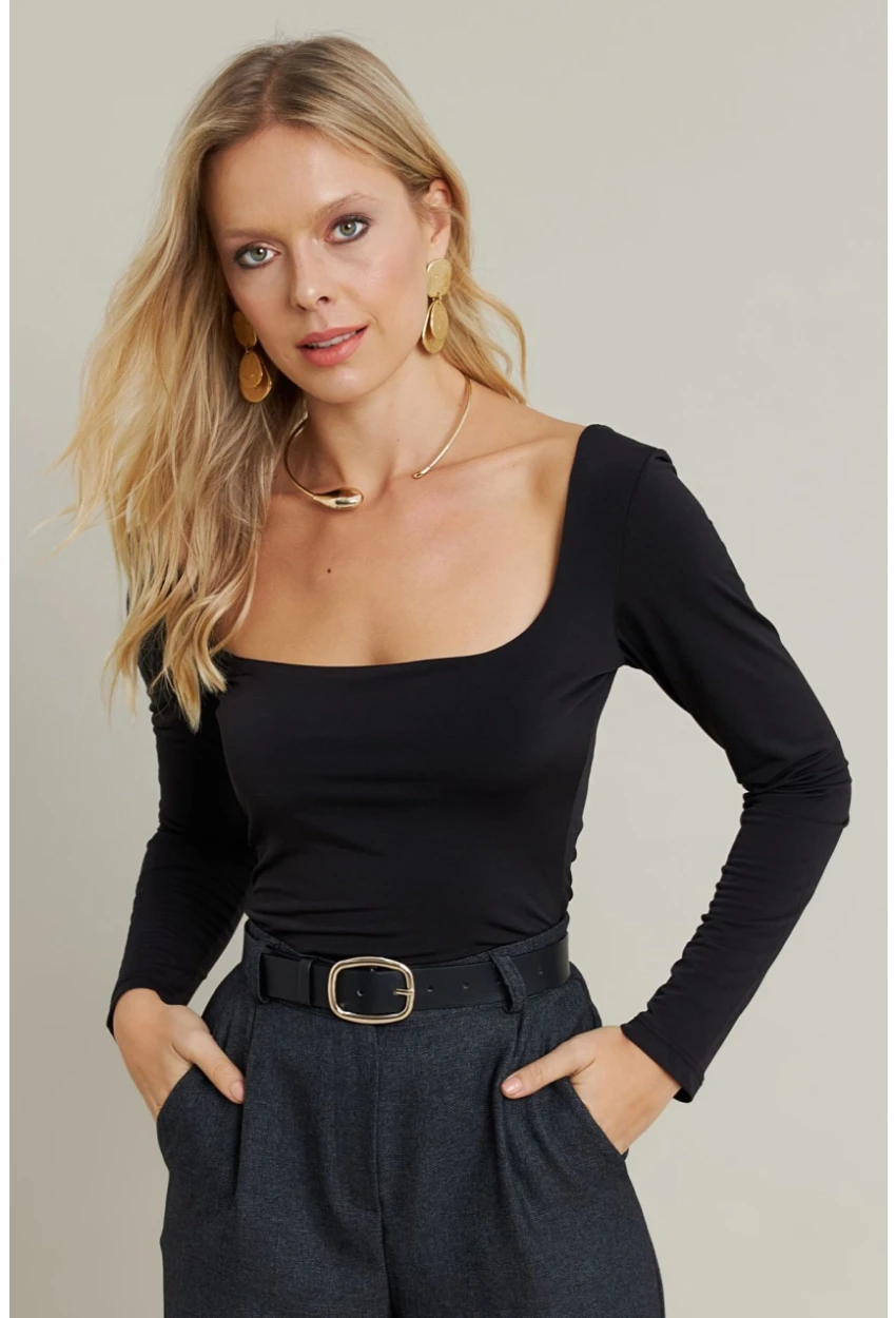 Kadın Siyah Kayık Yaka Bluz DMR387