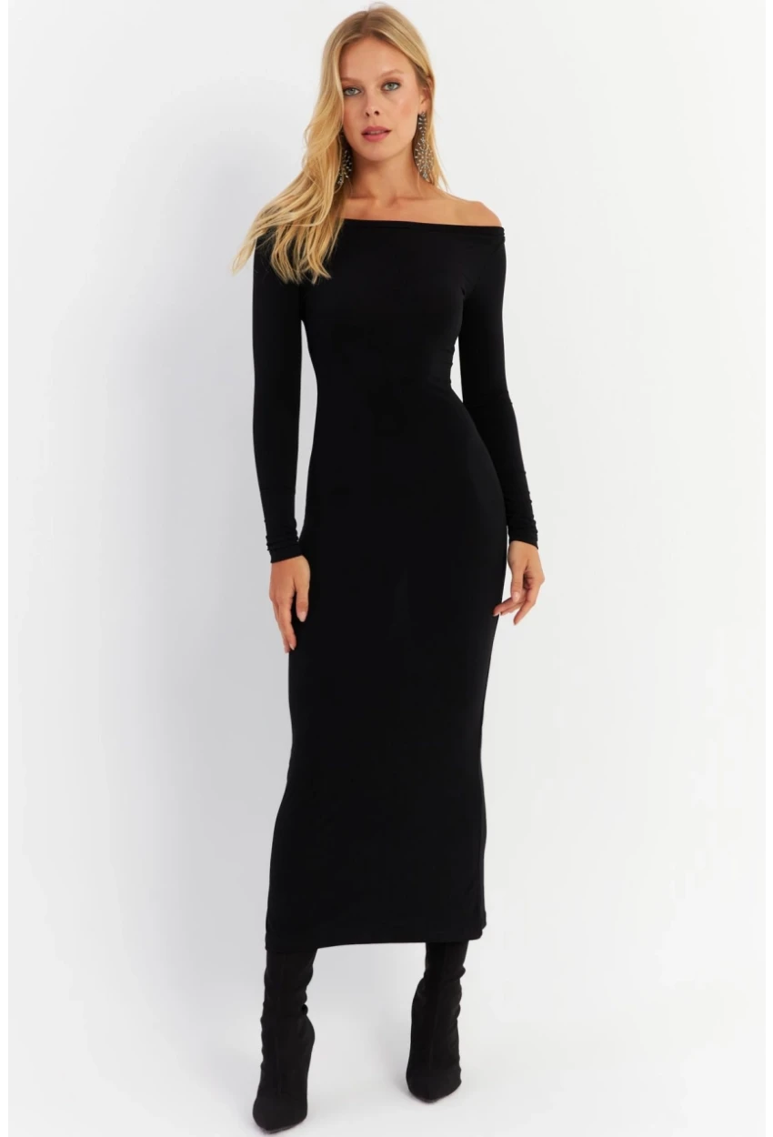 Kadın Siyah Kayık Yaka Maxi Yılbaşı Elbise HOR03