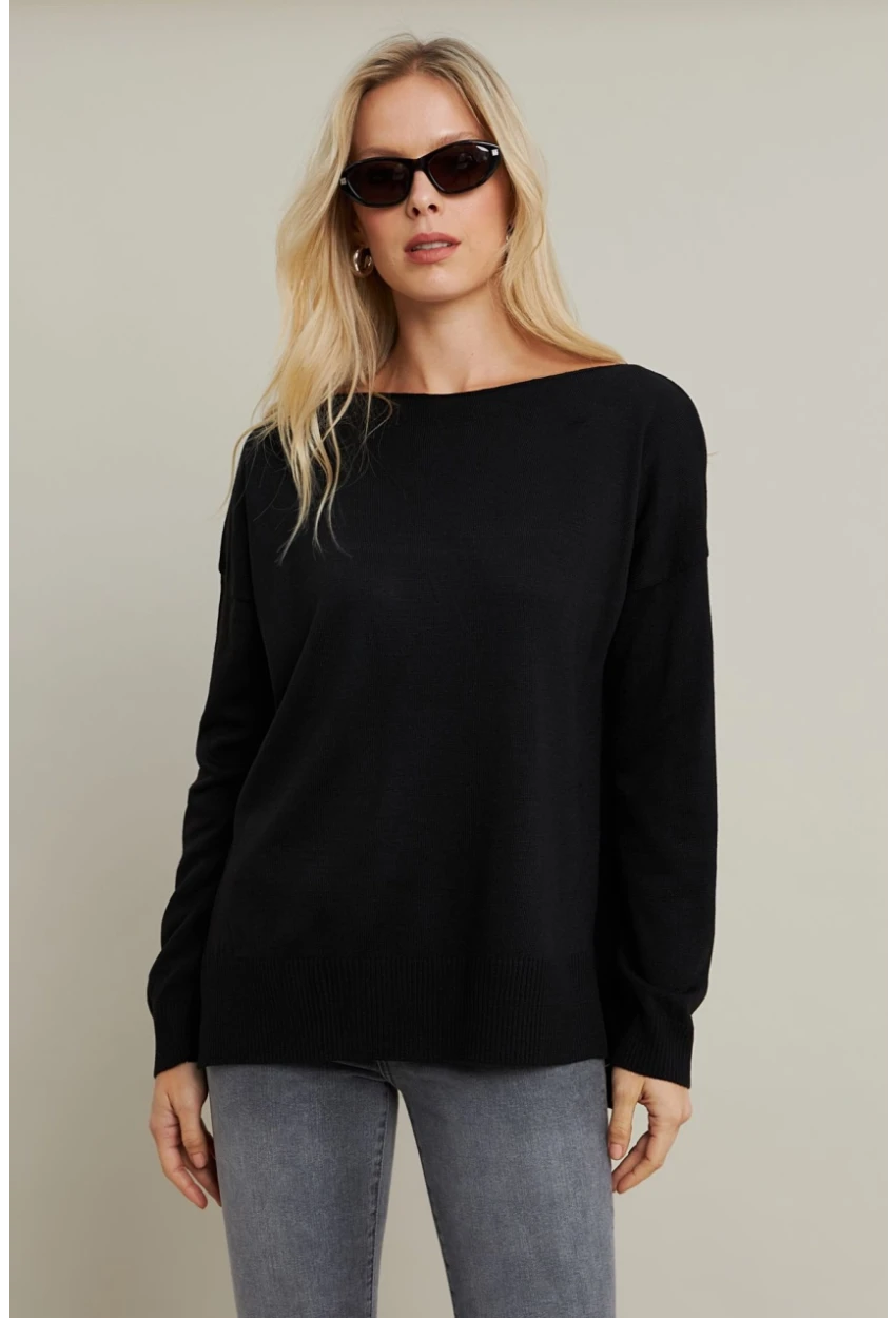 Kadın Siyah Kayık Yaka Triko Bluz MYİL561