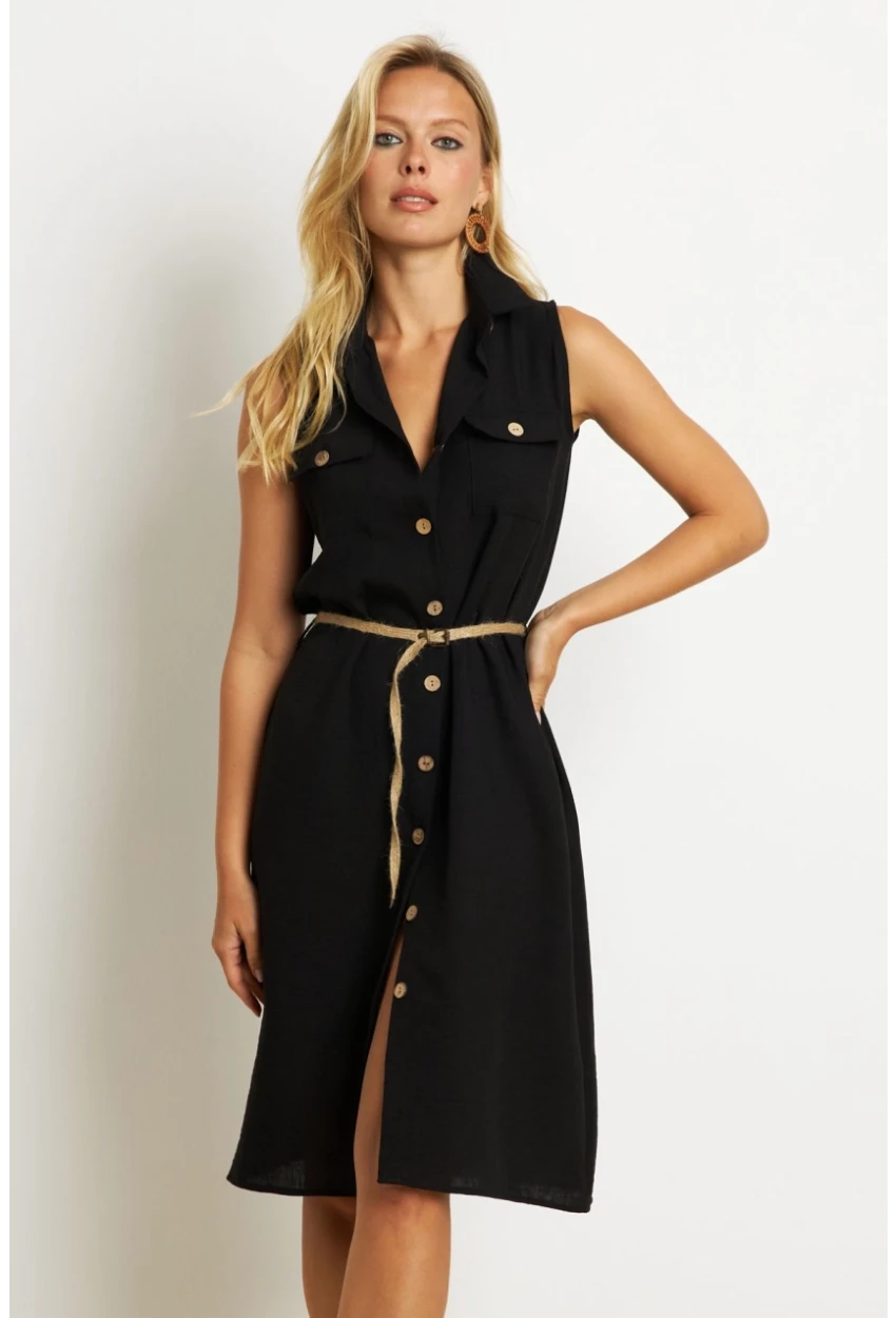 Kadın Siyah Kemerli Gömlek Midi Elbise SGT404