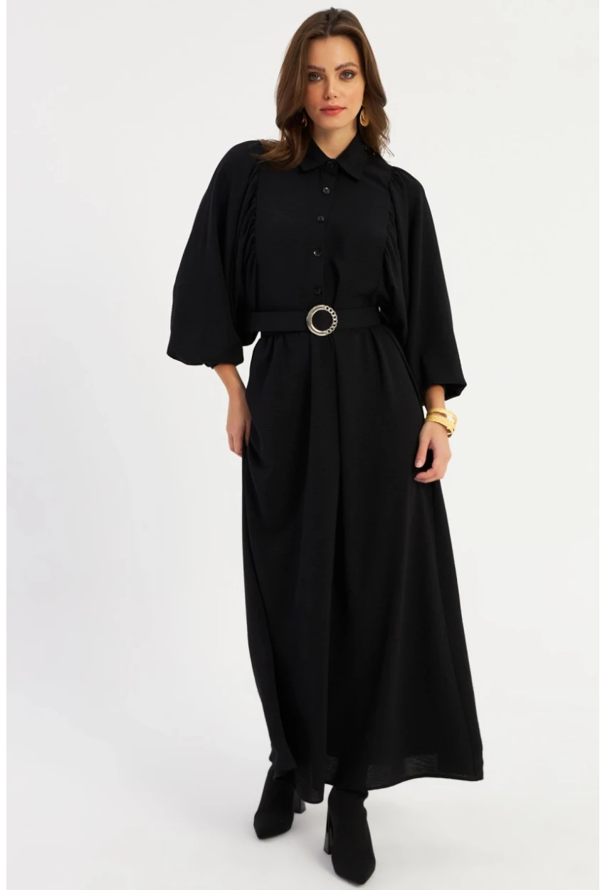 Kadın Siyah Kemerli Maxi Elbise MASF15