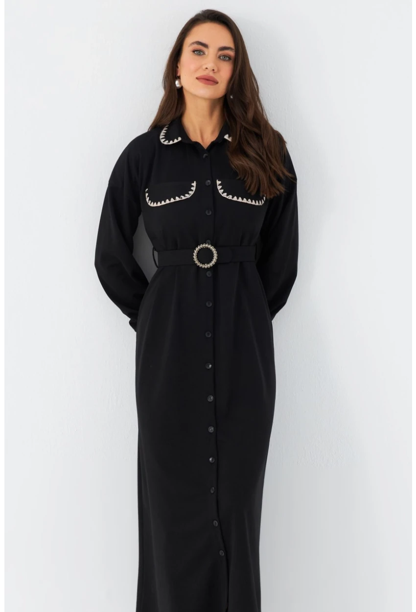 Kadın Siyah Kemerli Maxi Gömlek Elbise MASF17