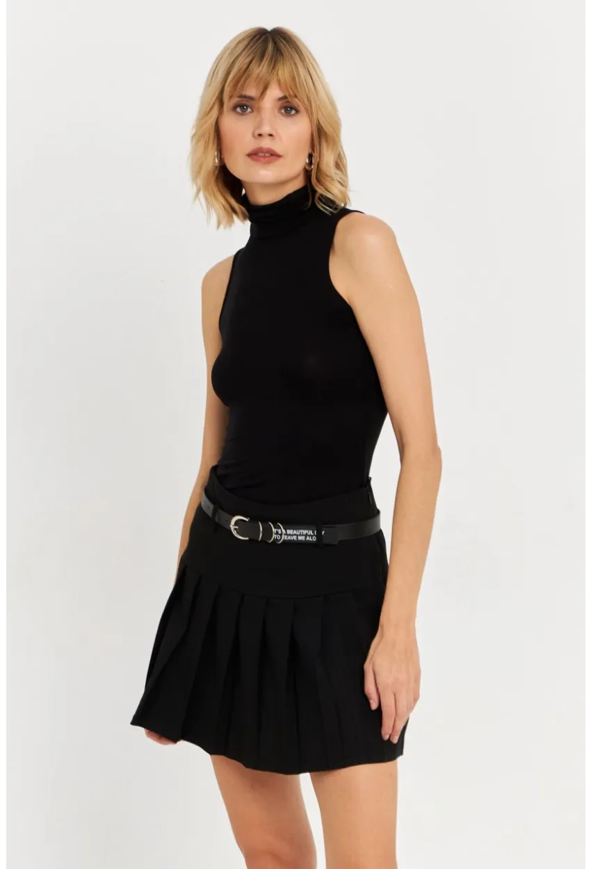 Kadın Siyah Kemerli Pilili Mini Etek ELA6024