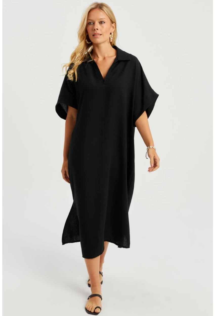 Kadın Siyah Keten Midi Elbise DMR85