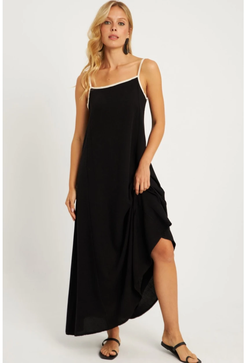 Kadın Siyah Keten Midi Elbise GÇ174