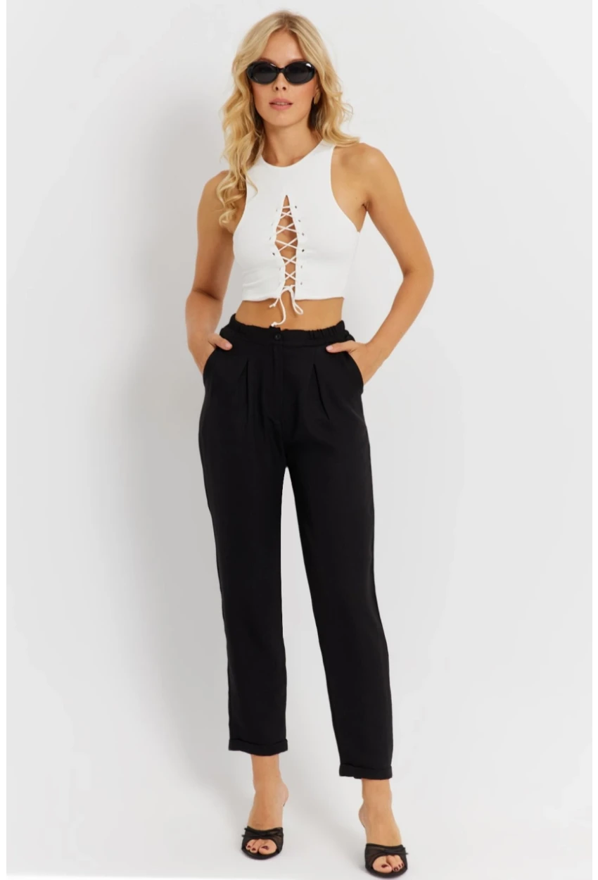 Kadın Siyah Keten Pantolon DMR340