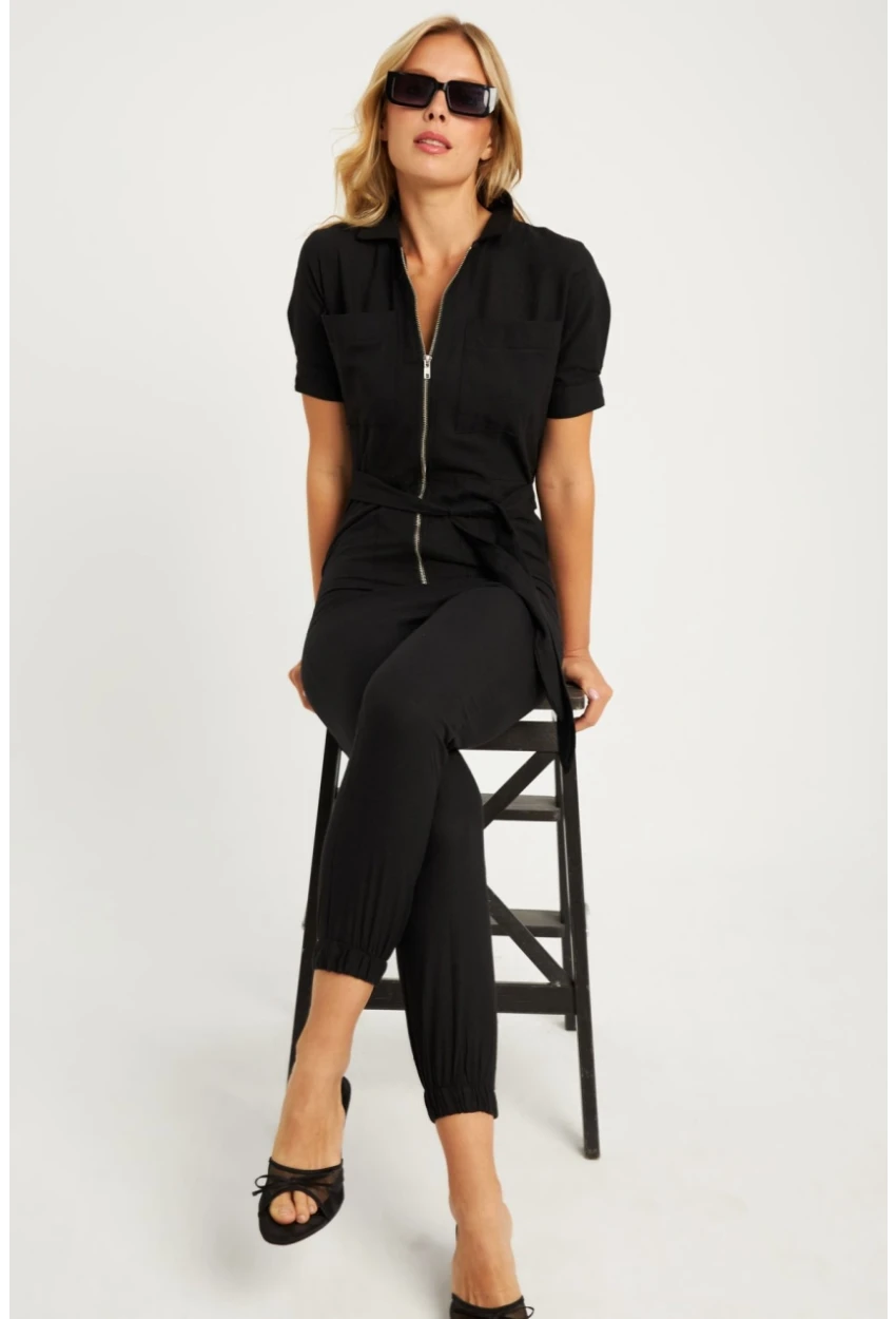 Kadın Siyah Keten Tulum YLE608