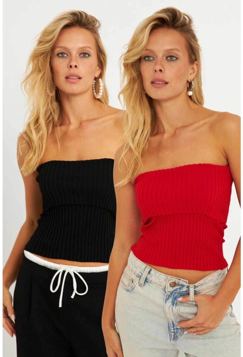 Kadın Siyah-Kırmızı İkili Straplez Triko Bluz YV272