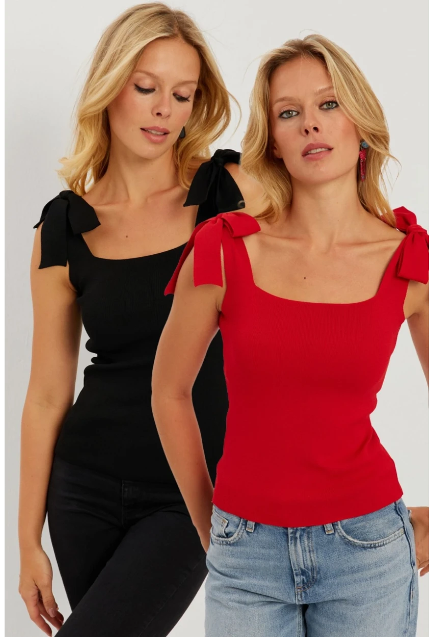 Kadın Siyah-Kırmızı İkili Triko Bluz YV271
