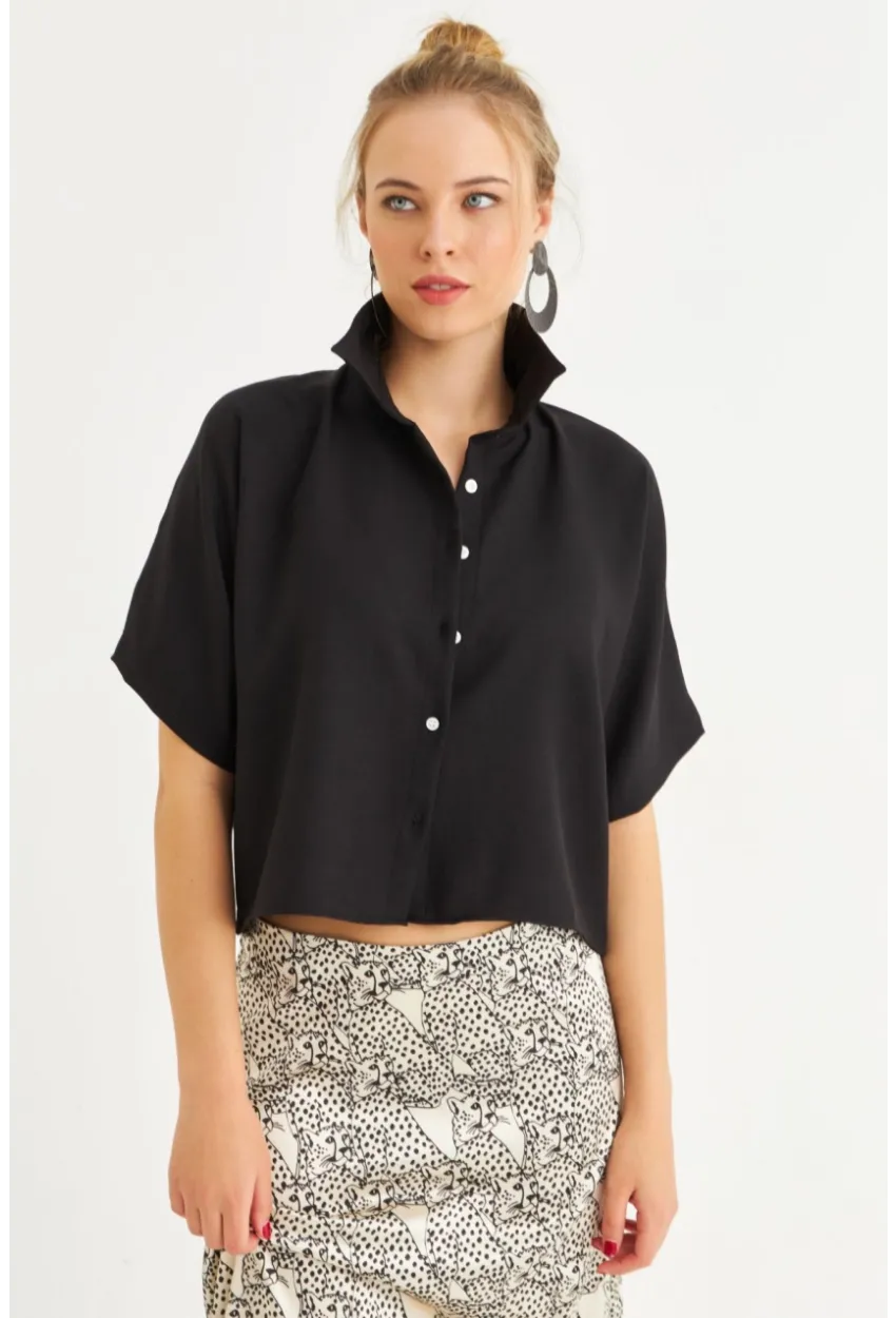 Kadın Siyah Kısa Kollu Crop Gömlek CNG117