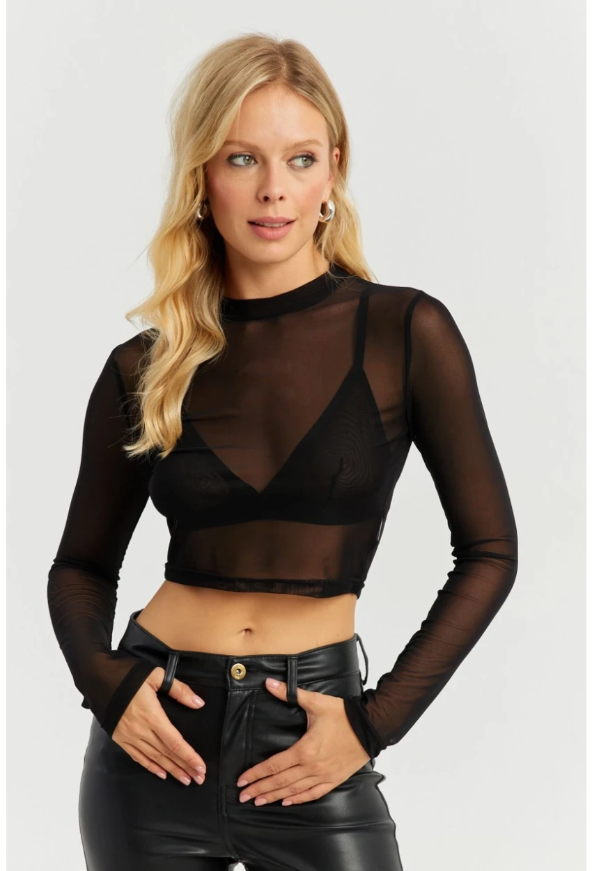 Kadın Siyah Kısa Tül Bluz MEN2027