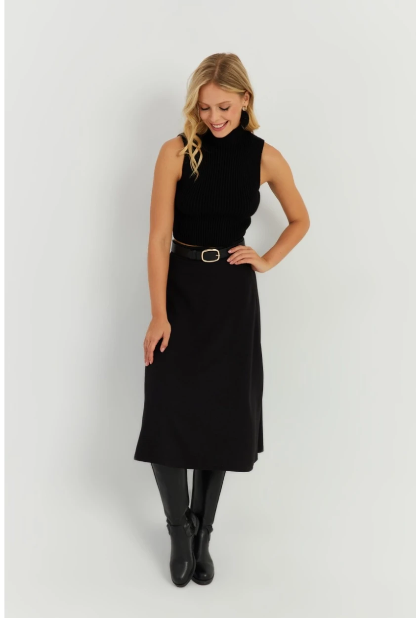 Kadın Siyah Kloş Midi Etek LV173