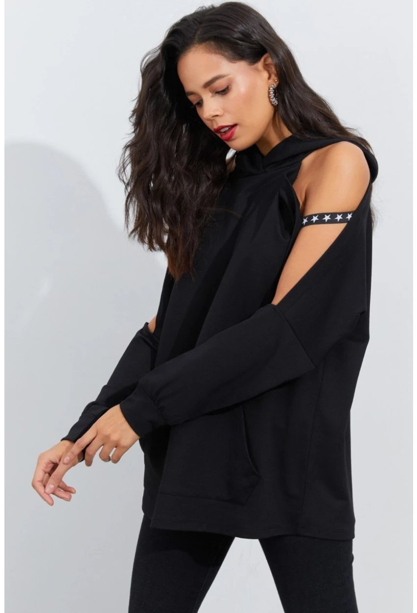 Kadın Siyah Kolları Açık Kapüşonlu Sweatshirt Yİ2356