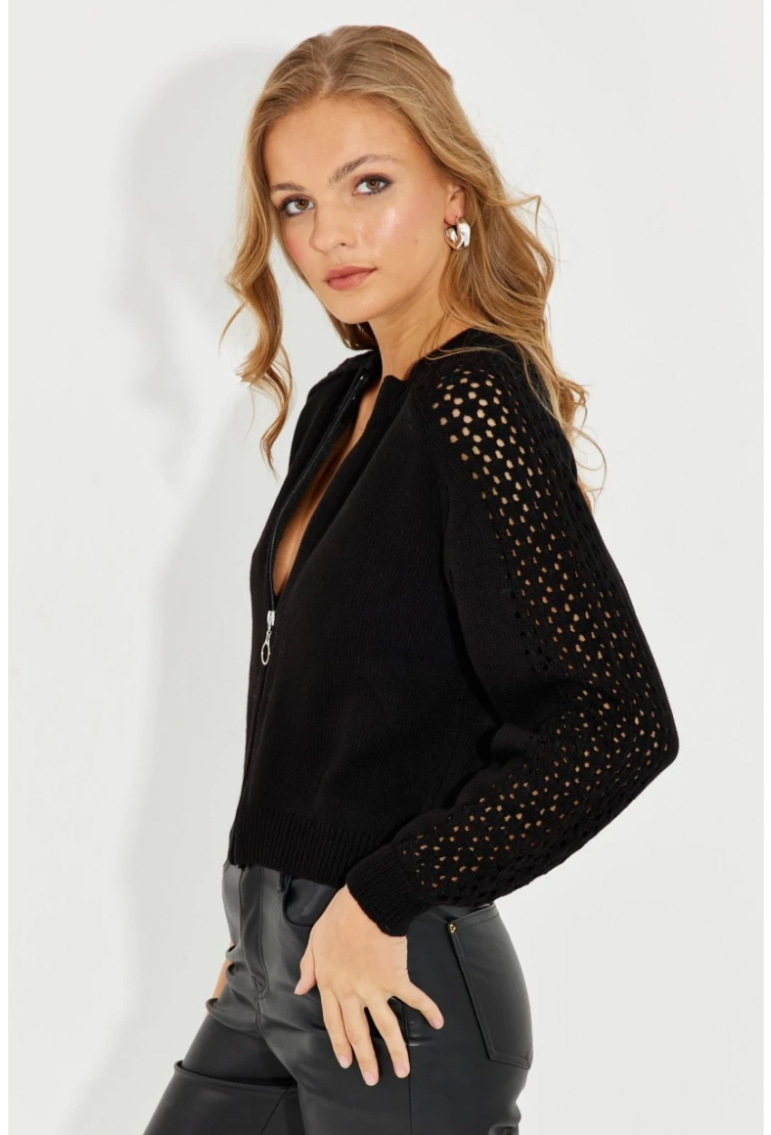 Kadın Siyah Kolları Ajurlu Fermuarlı Triko Ceket KZ2491