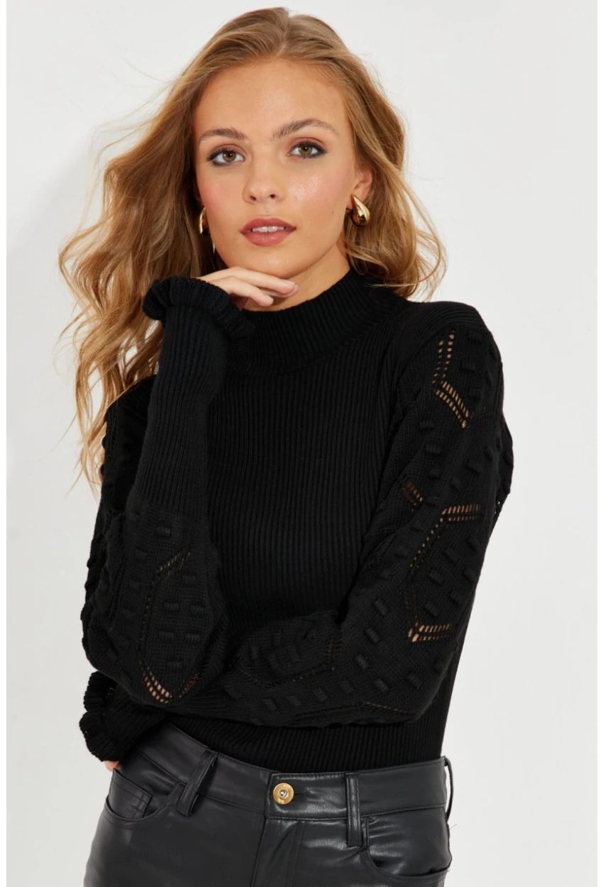 Kadın Siyah Kolları Ajurlu Triko Bluz SMT218