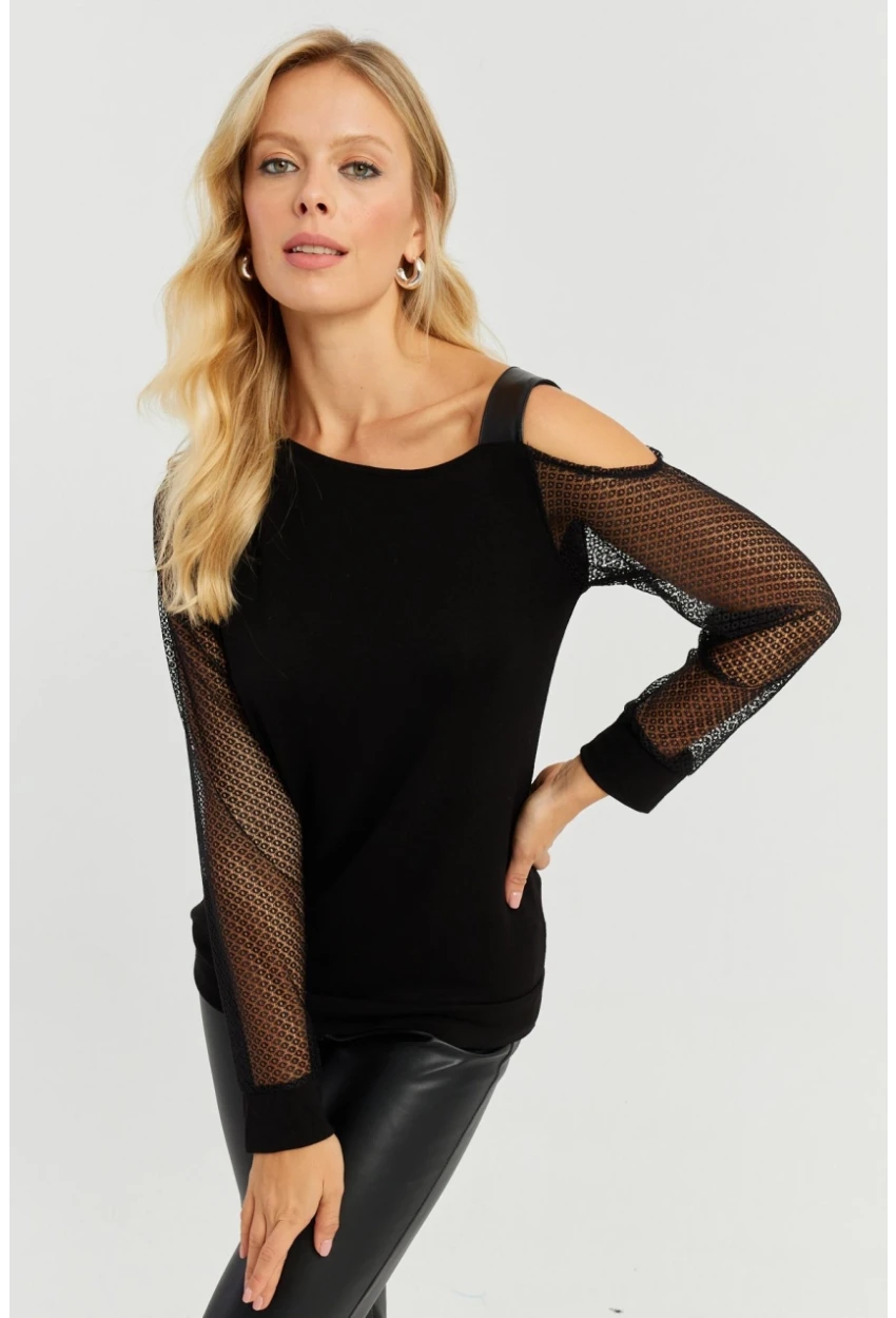 Kadın Siyah Kolları Dantel Bluz ST6022