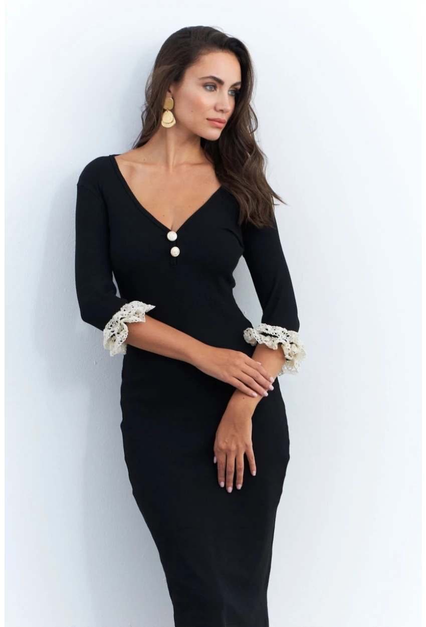 Kadın Siyah Kolları Dantel Detaylı Kaşkorse Midi Elbise EY2955