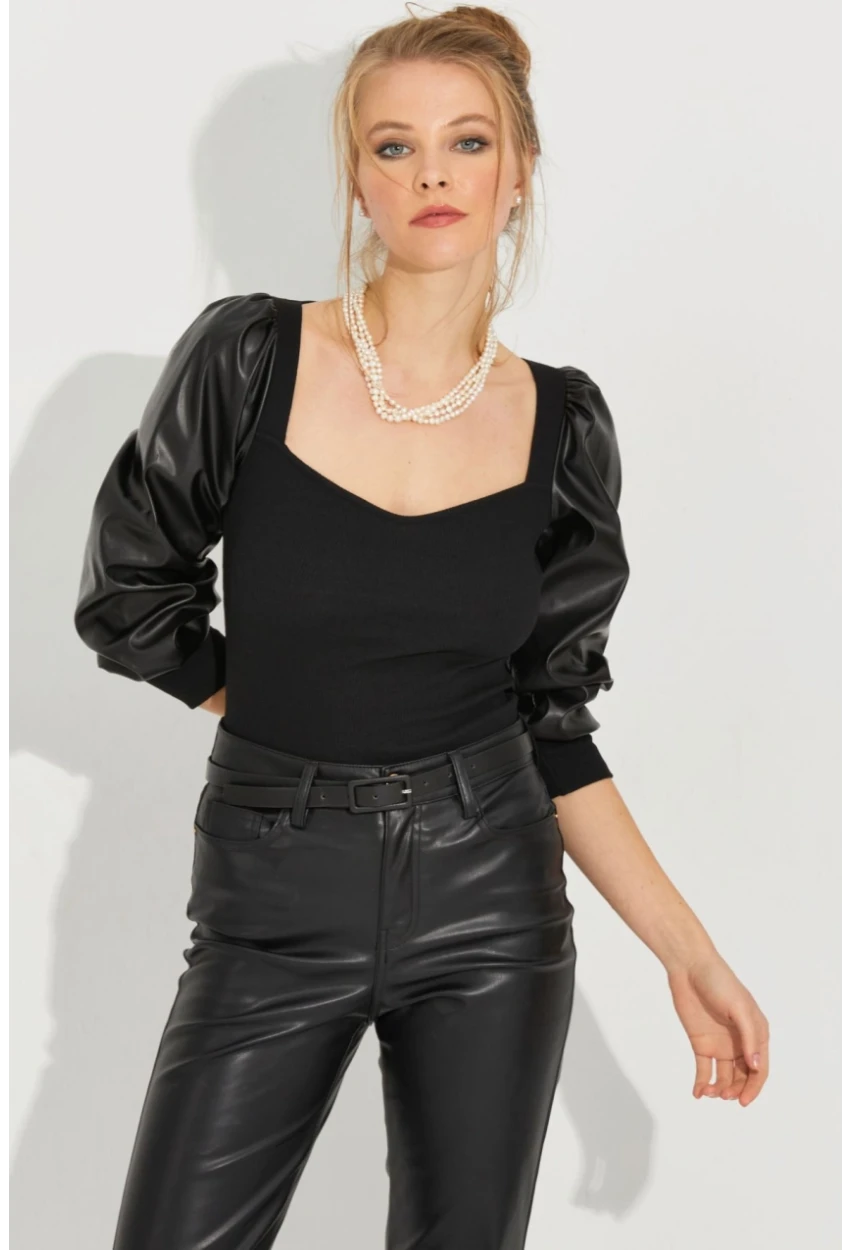 Kadın Siyah Kolları Deri Kaşkorse Bluz Yİ2494