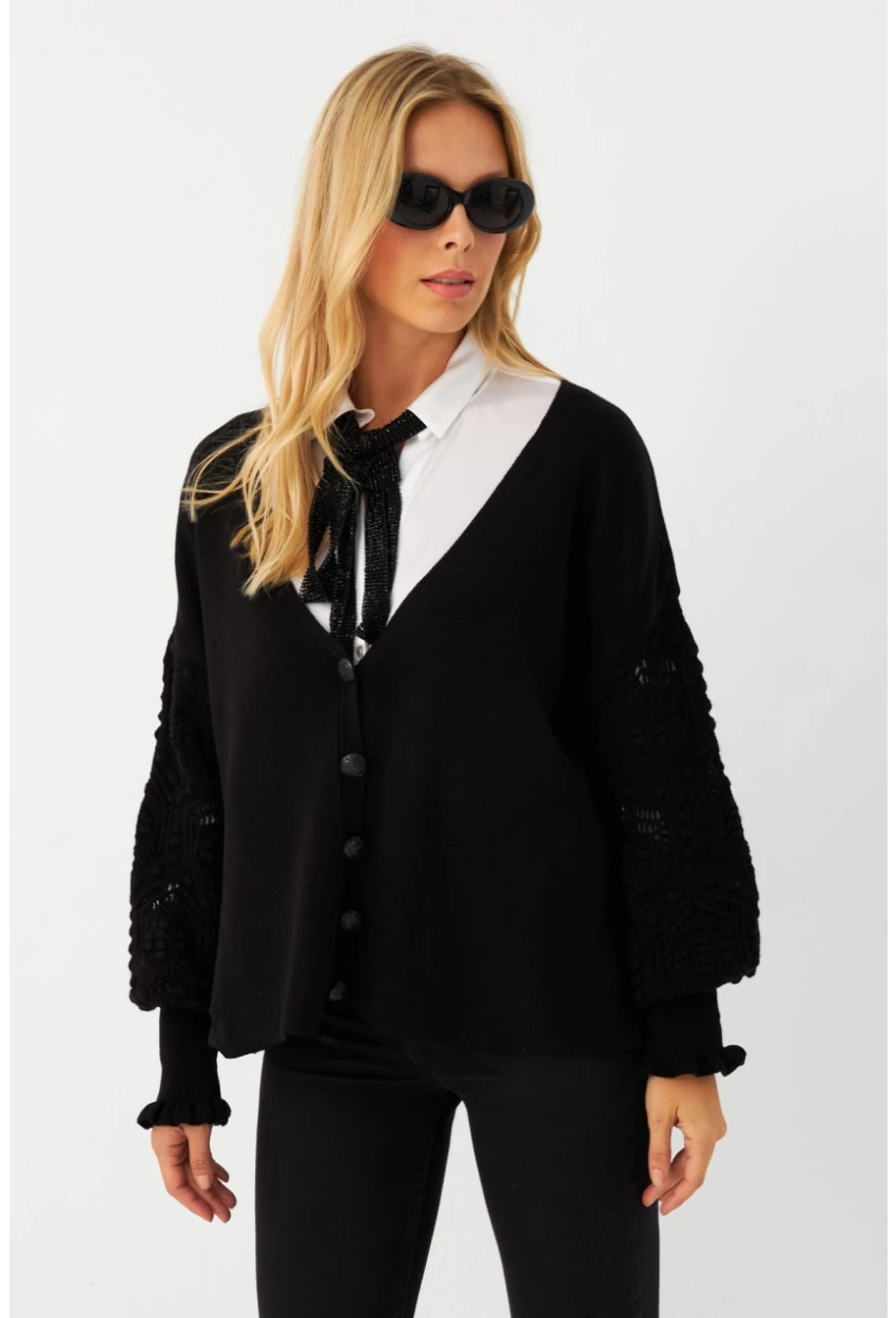 Kadın Siyah Kolları Örme Hırka MSE800