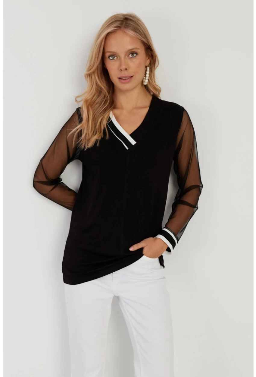 Kadın Siyah Kolları Tül Bluz ST832