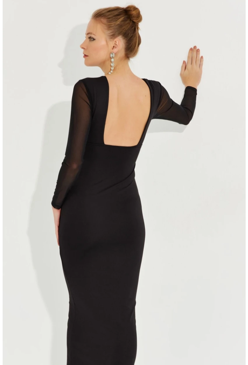 Kadın Siyah Kolları Tül Midi Elbise EY2599