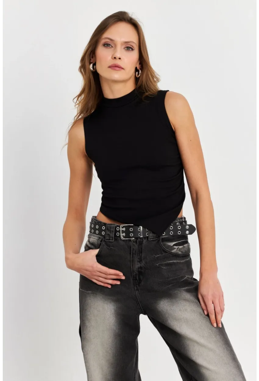 Kadın Siyah Kolsuz Crop Bluz ZH07