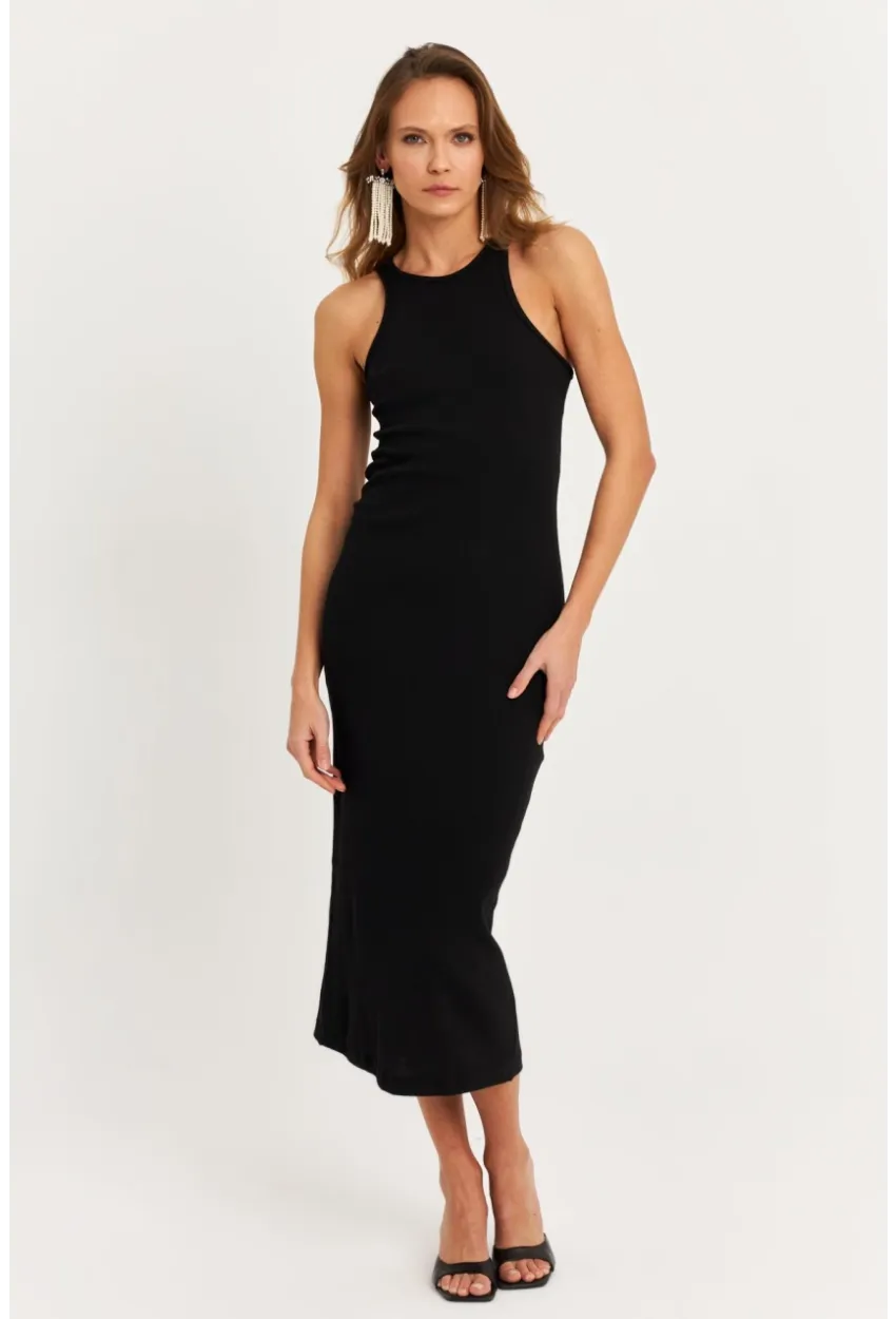 Kadın Siyah Kolsuz Kaşkorse Midi Elbise EY3049