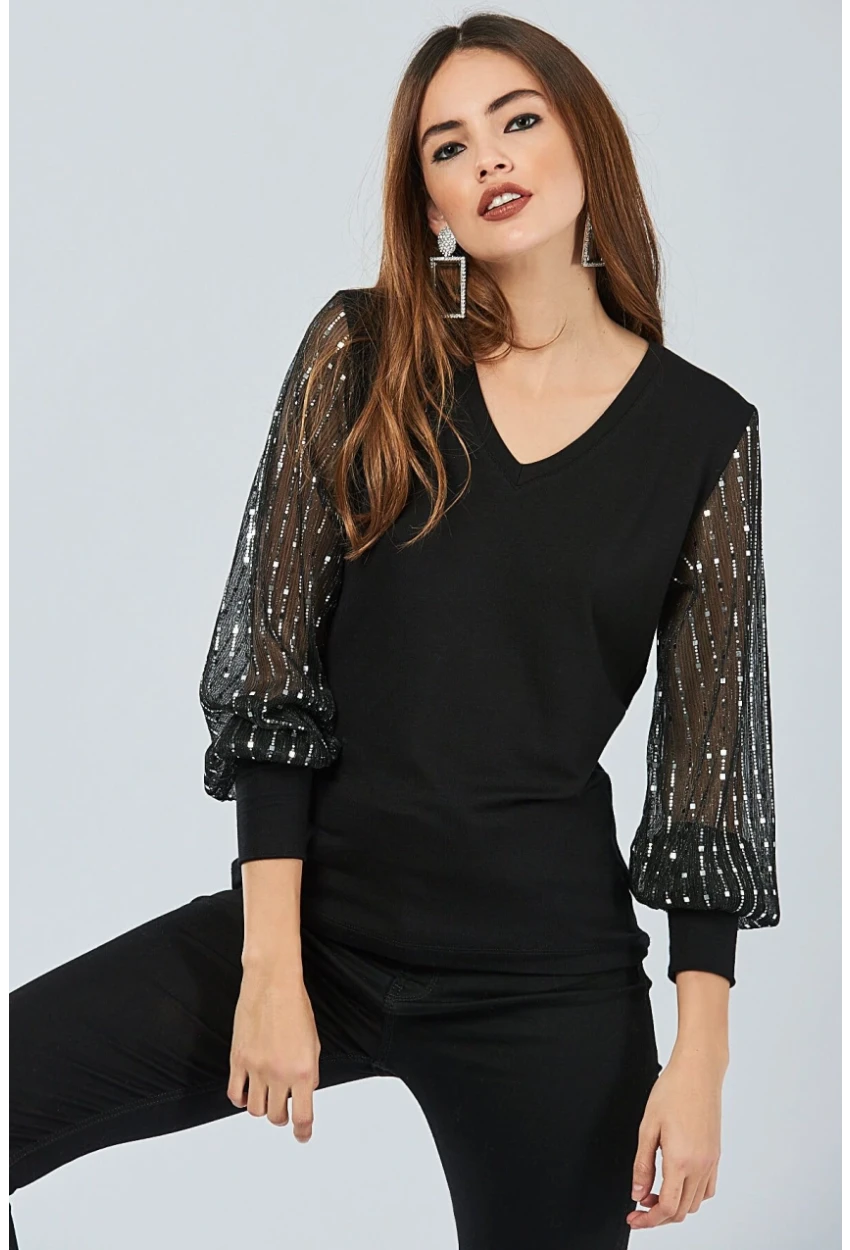 Kadın Siyah Kolu Payetli Bluz BK5024